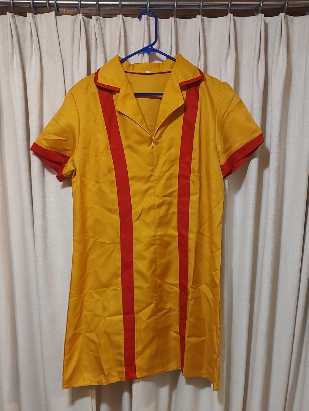 Yellow Short-Sleeve Dress with Red Vertical Stripes